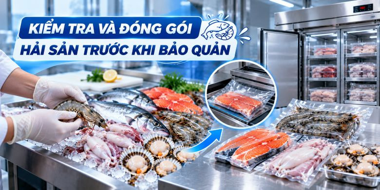 Kiểm tra và đóng gói hải sản trước khi bảo quản