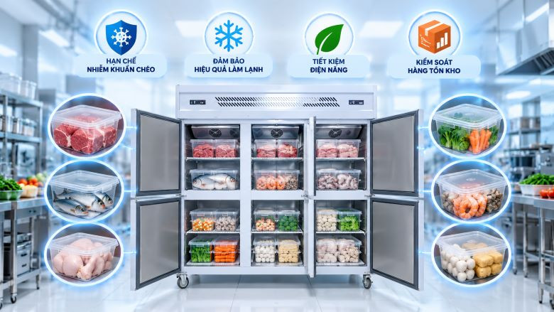 Nên phân khu vực sắp xếp thực phẩm cho tủ đông công nghiệp để tránh bị lây nhiễm chéo 
