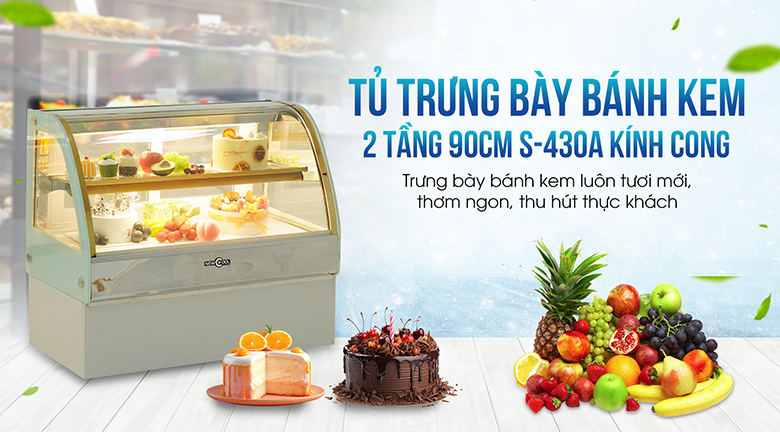 Tủ trưng bày bánh kem để bàn 2 tầng 90cm S-430A (kính cong) Tủ trưng bày bánh kem để bàn 2 tầng 90cm kính cong S-430A