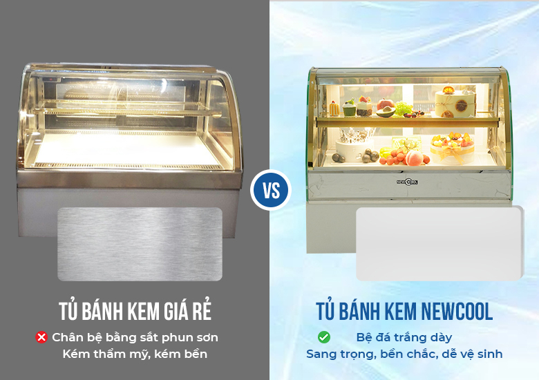 Tủ bánh kem NEWCOOL thiết kế bệ đá trắng dày dặn, chắc chắn, bền bỉ hơn so với bệ sắt phun sơn Tủ bánh kem NEWCOOL thiết kế bệ đá trắng dày dặn, chắc chắn, bền bỉ hơn so với bệ sắt phun sơn
