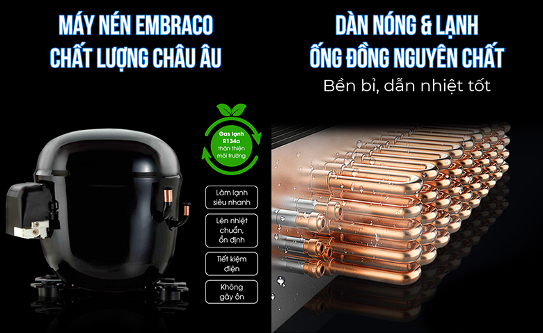 Máy nén Embraco cao cấp và dàn nóng lạnh bằng đồng Máy nén Embraco cao cấp và dàn nóng lạnh bằng đồng