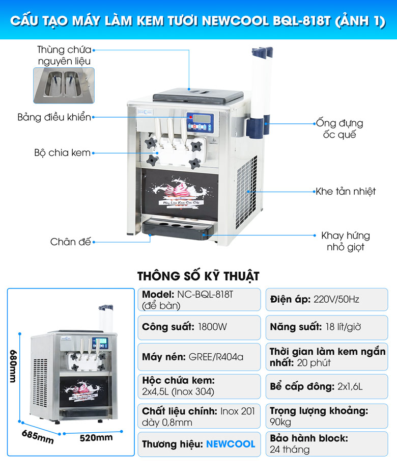 Cấu tạo ngoài của máy làm kem tươi NEWCOOL BQL-818T