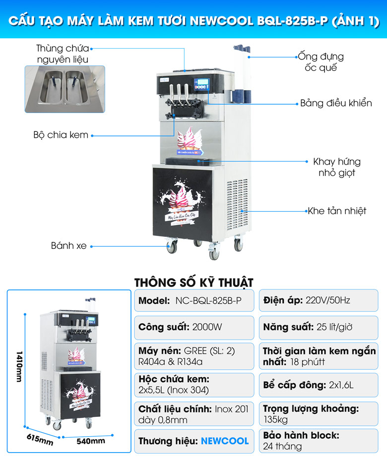 Cấu tạo ngoài của máy làm kem tươi NEWCOOL BQL-825B-P