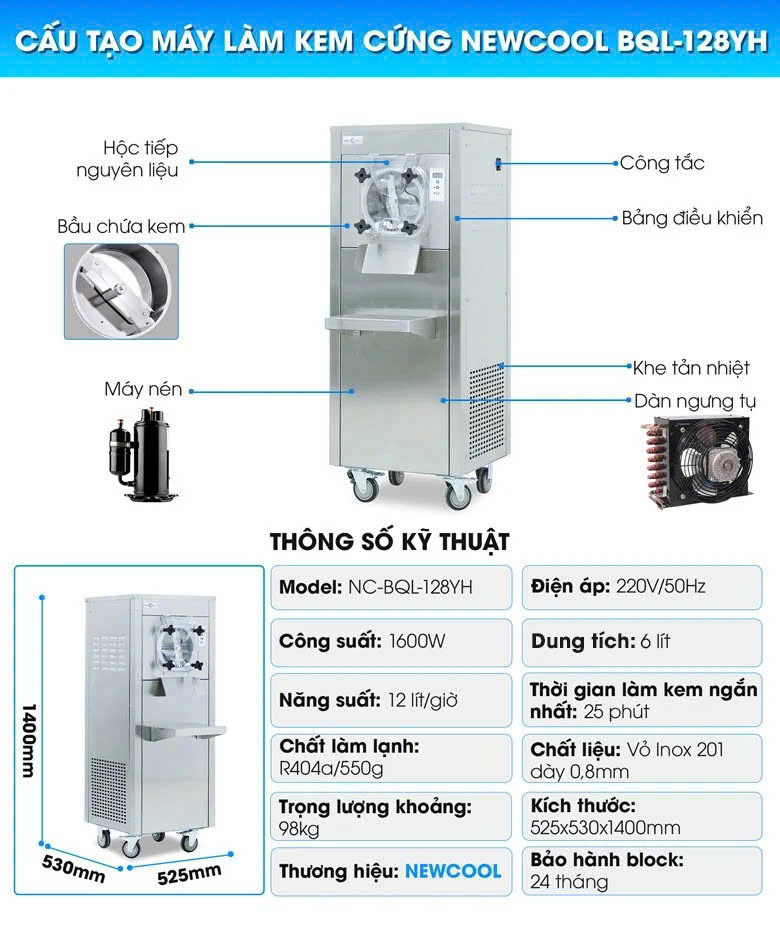 Cấu tạo máy làm kem cứng NEWCOOL BQL-128YH