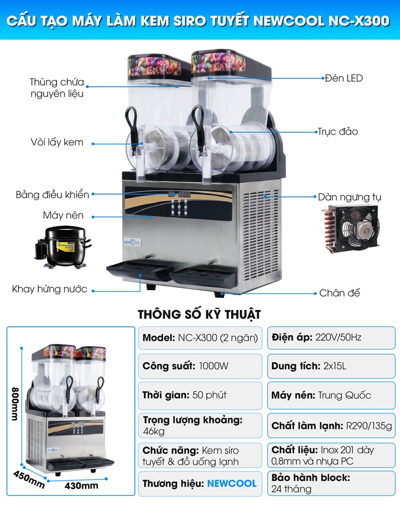 Cấu tạo máy làm kem siro tuyết NEWCOOL NC-X300