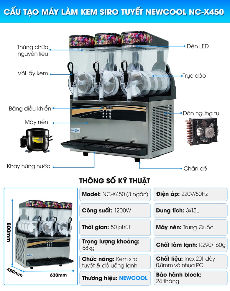 Cấu tạo máy làm kem siro tuyết NEWCOOL NC-X450 (3 ngăn)