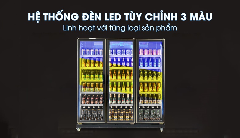 Các tiện ích đi kèm tủ mát 3 cánh kính NEWCOOL bao gồm đèn LED chiếu sáng