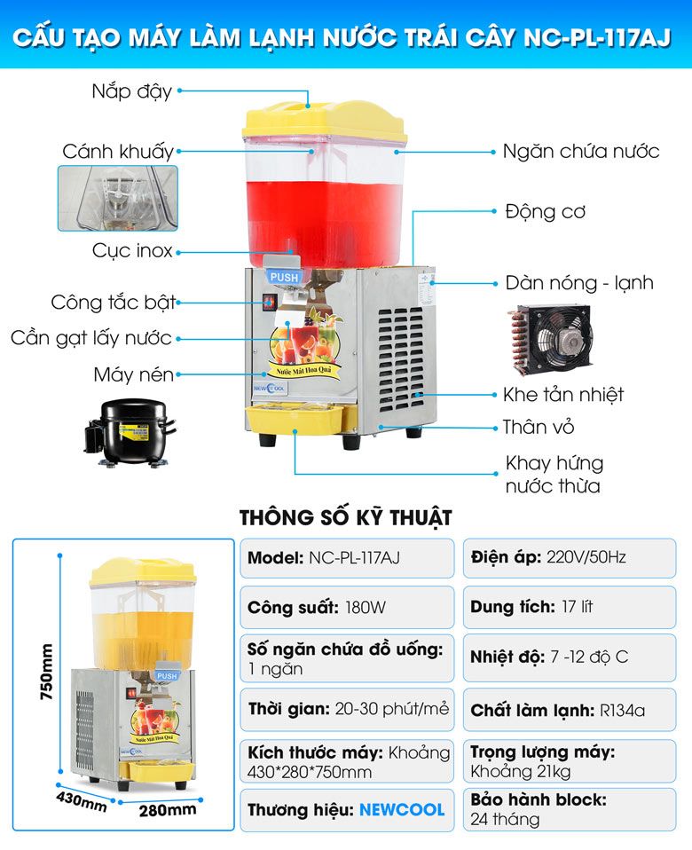 Cấu tạo chi tiết máy làm lạnh nước trái cây 1 ngăn NC-PL-117AJ