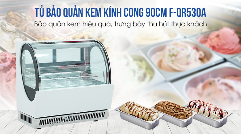 Tủ bảo quản kem kính cong 90cm F-QR530A màu trắng Tủ bảo quản kem kính cong 90cm F-QR530A màu trắng