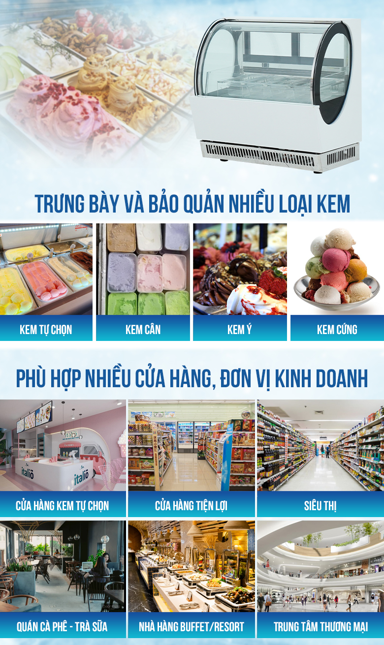 Tủ trưng bày và bảo quản nhiều loại kem cân, kem ý,.... Tủ trưng bày và bảo quản nhiều loại kem cân, kem ý,....