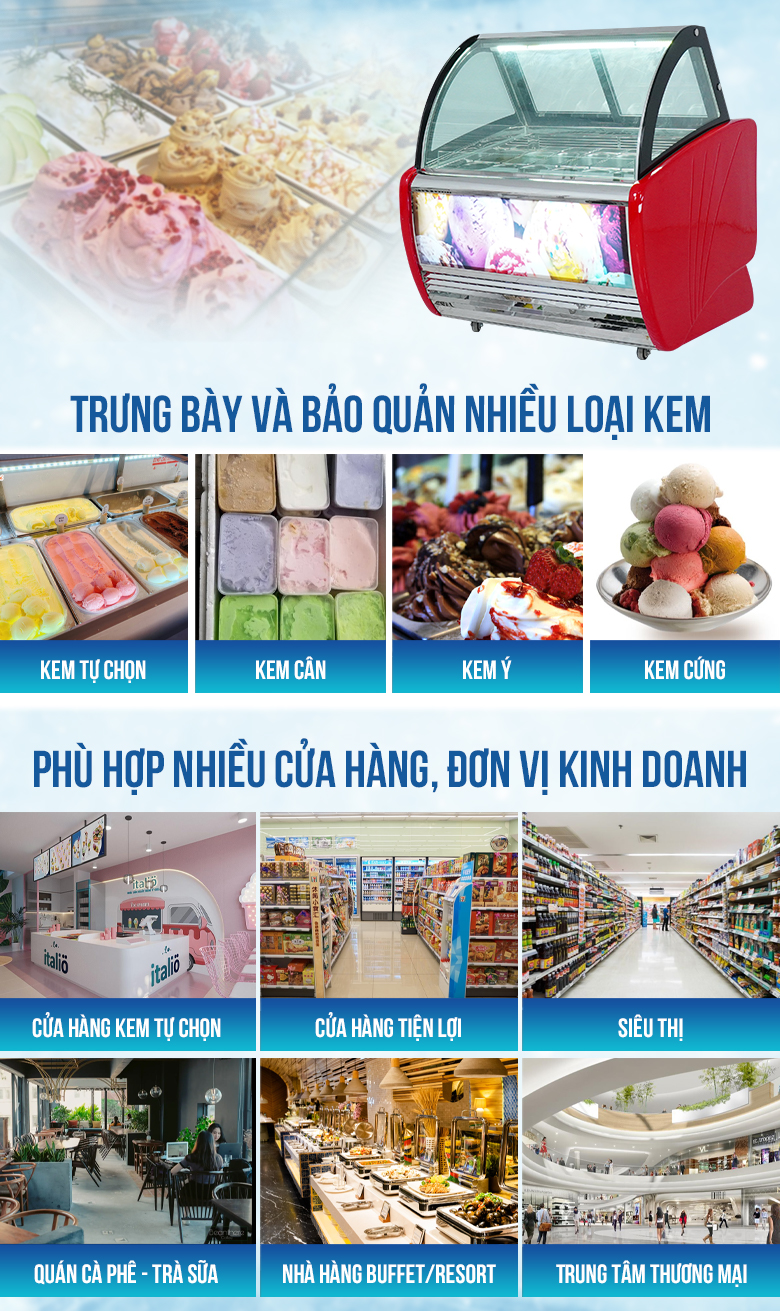 Trưng bày đa dạng nhiều loại kem Trưng bày đa dạng nhiều loại kem