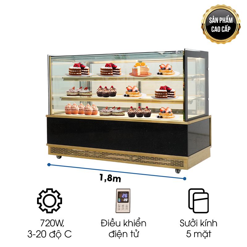 Tủ Trưng Bày Bánh Kem 3 Tầng 1m8 Kính Vuông Cao Cấp TRJ-18T