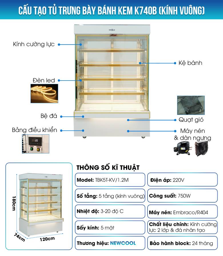 Cấu tạo tủ trưng bày bánh kem 5 tầng 1m2 kính vuông K740-B