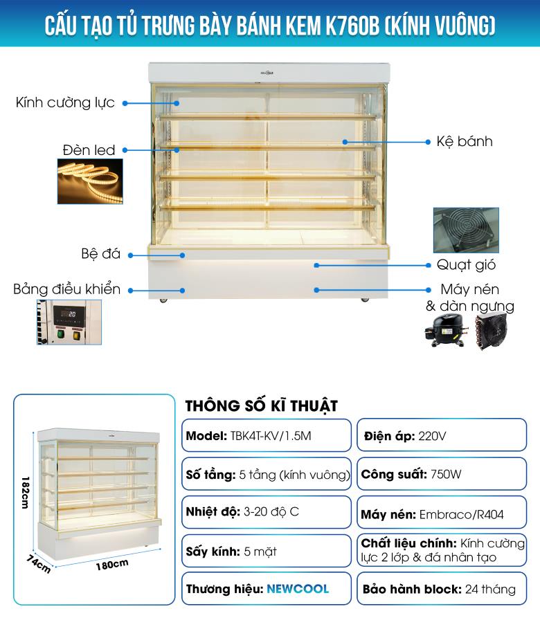Cấu tạo tủ trưng bày bánh kem 5 tầng 1m8