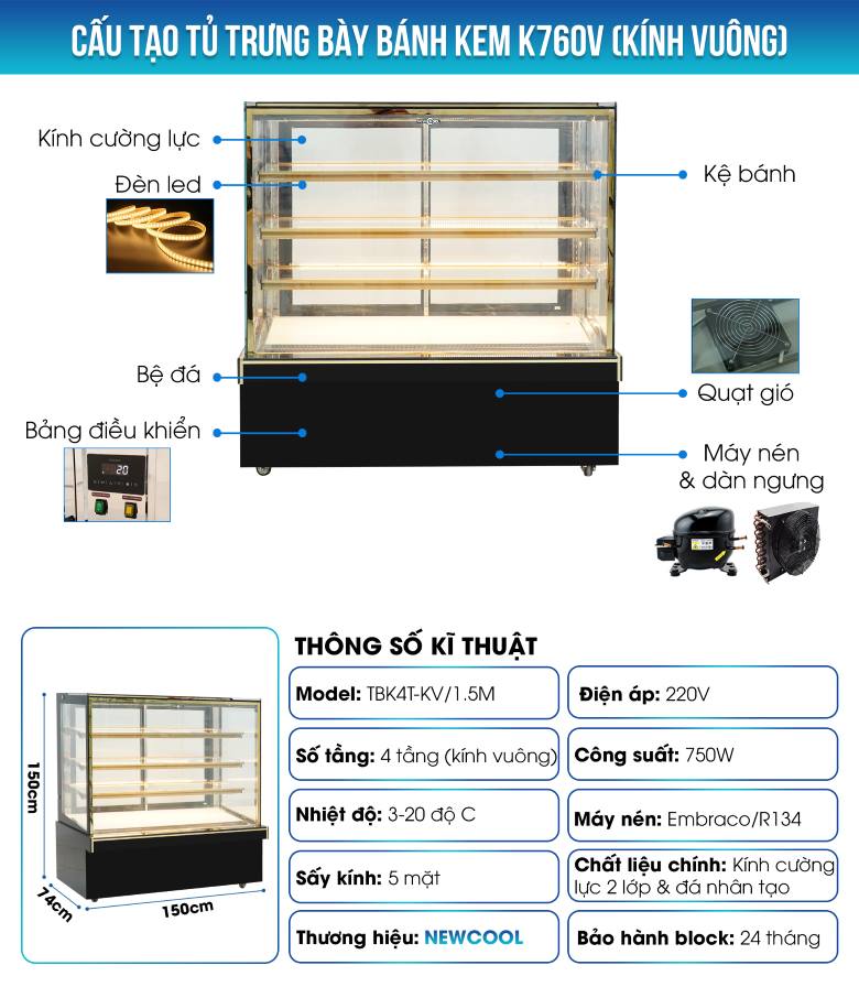 Cấu tạo tủ trưng bày bánh kem K760V