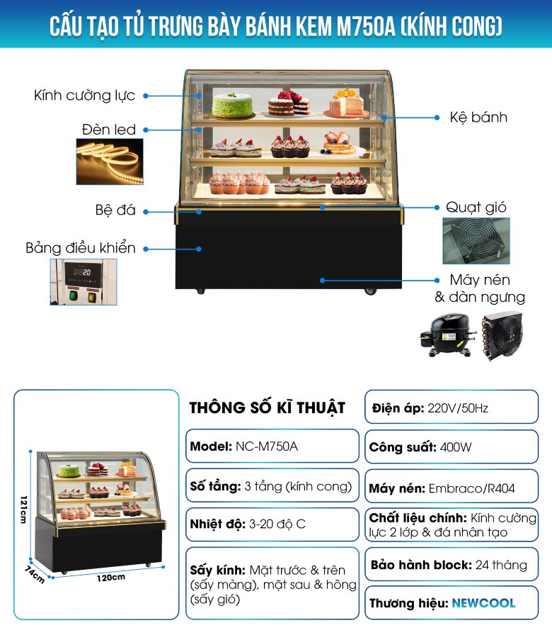 Cấu tạo tủ trưng bày bánh kem 3 tầng 1m2 M750A (kính cong)