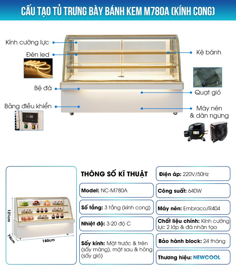 Cấu tạo tủ trưng bày bánh kem 3 tầng 1m8 M780A (kính cong)