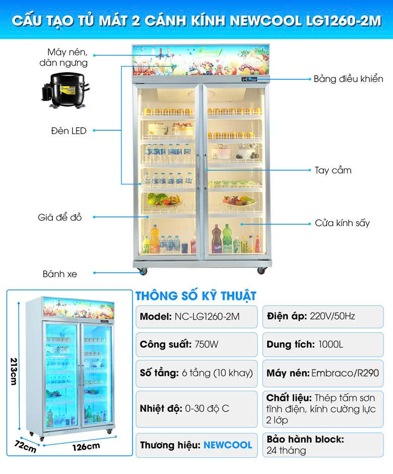 Cấu tạo tủ mát 2 cánh kính NEWCOOL LG1260-2M (lốc trên) Cấu tạo tủ mát 2 cánh kính NEWCOOL LG1260-2M (lốc trên)