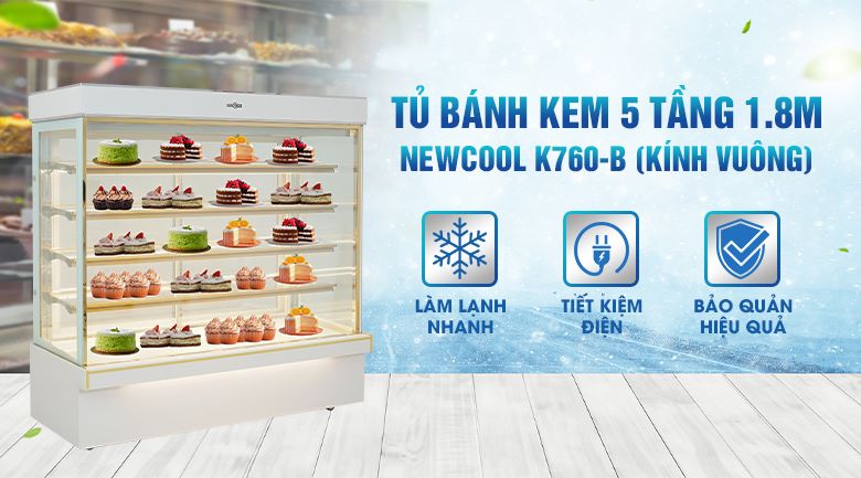 Tủ trưng bày bánh kem 5 tầng 1m8 kính vuông