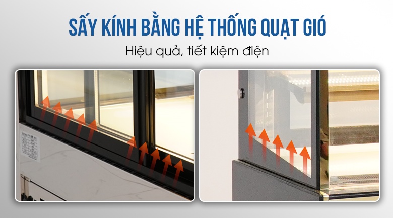 Hệ thống sấy quạt gió ở cửa kính mặt sau và 2 bên hông tủ