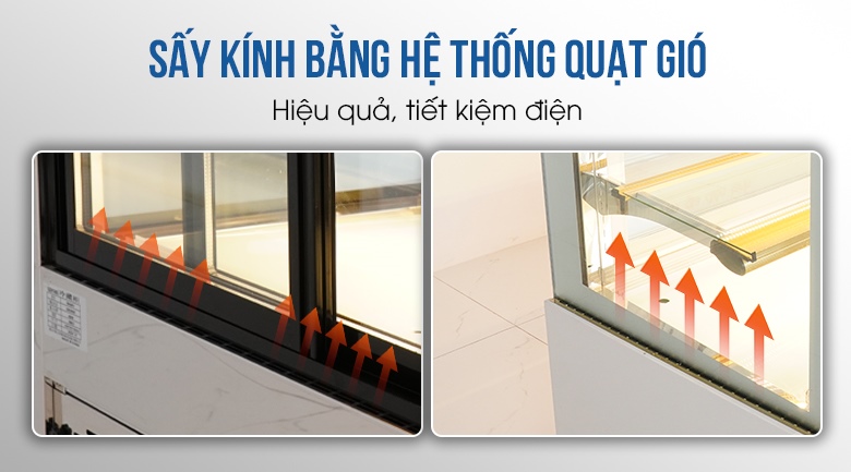 Hệ thống sấy quạt gió ở cửa kính mặt sau và 2 bên hông tủ