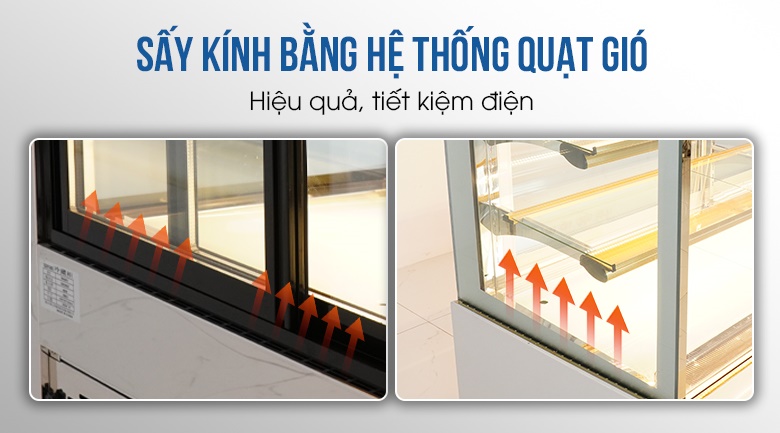 Hệ thống sấy quạt gió ở cửa kính mặt sau và 2 bên hông tủ