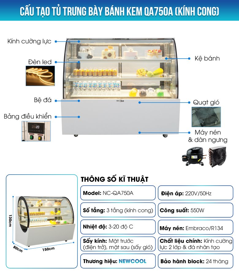 Cấu tạo tủ trưng bày bánh kem 3 tầng 1m5 QA750A (kính cong)