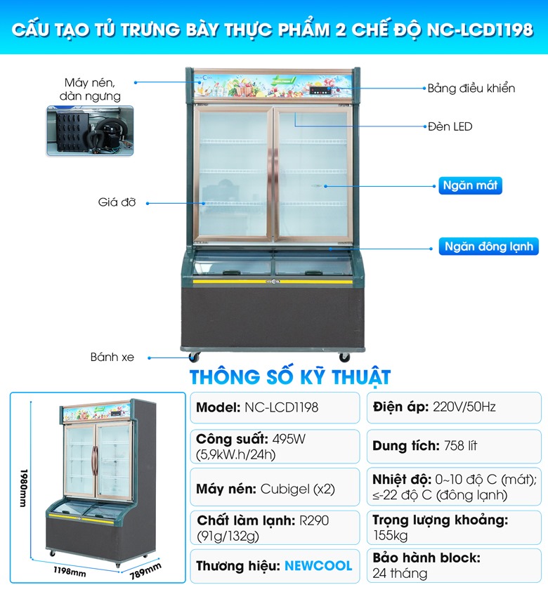 Cấu tạo tủ lạnh siêu thị 2 chế độ 1m2 LCD-1198 Cấu tạo tủ lạnh siêu thị 2 chế độ 1m2 LCD-1198
