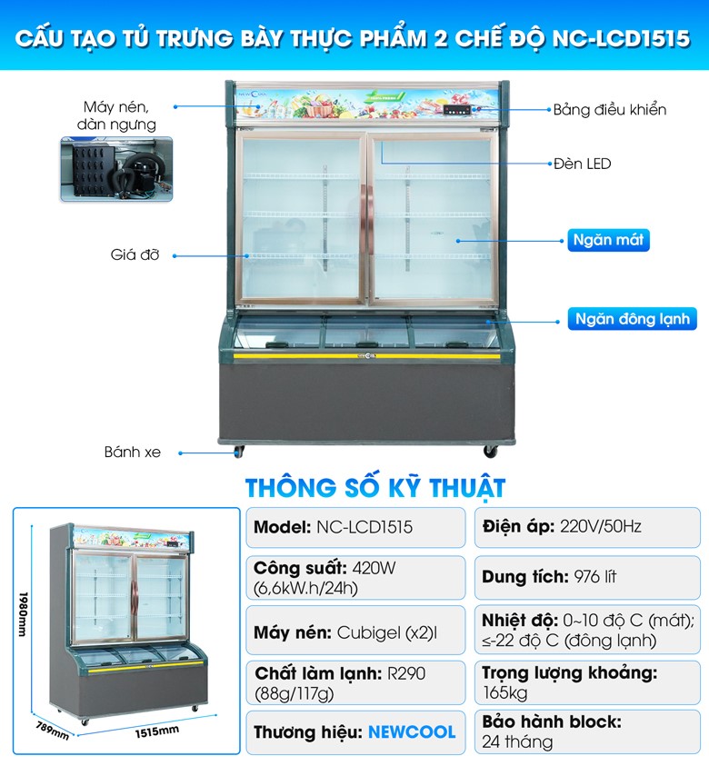 Cấu tạo tủ lạnh siêu thị 2 chế độ 1m5 LCD-1515 Cấu tạo tủ lạnh siêu thị 2 chế độ 1m5 LCD-1515