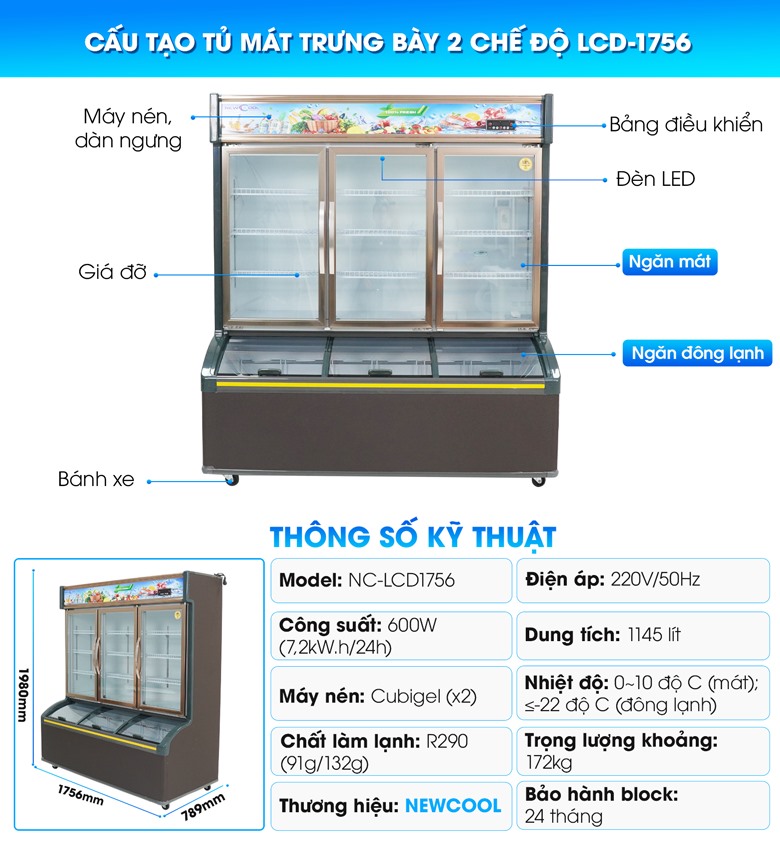 Cấu tạo tủ lạnh siêu thị 2 chế độ 1m8 LCD-1756 Cấu tạo tủ lạnh siêu thị 2 chế độ 1m8 LCD-1756