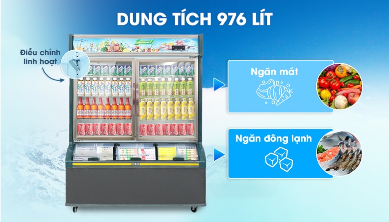 Tổng dung tích 976 lít, chứa đựng lượng lớn thực phẩm Tổng dung tích 976 lít, chứa đựng lượng lớn thực phẩm