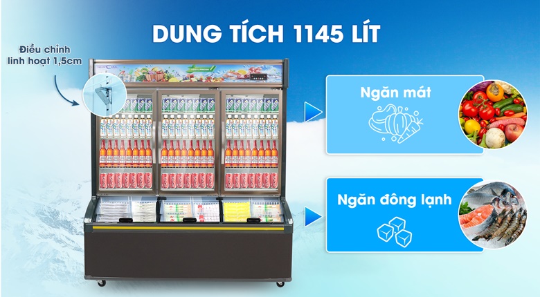 Tổng dung tích 1145 lít, chứa đựng lượng lớn thực phẩm Tổng dung tích 1145 lít, chứa đựng lượng lớn thực phẩm