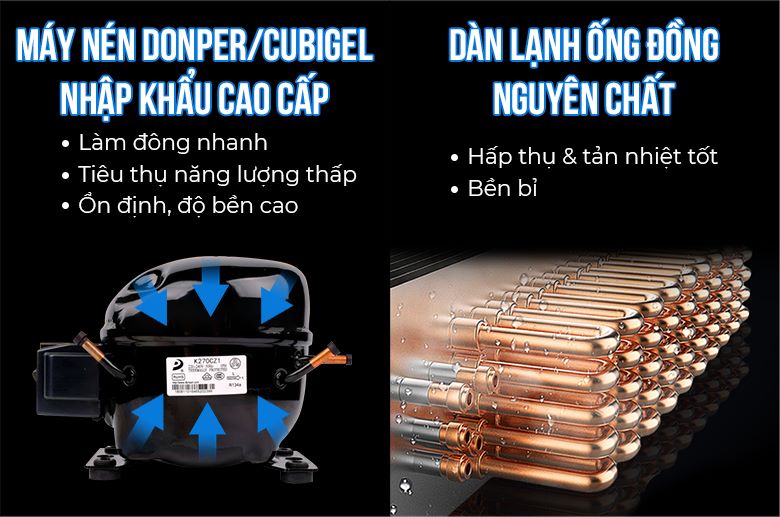 Tủ đông dàn lạnh bằng đồng nguyên chất