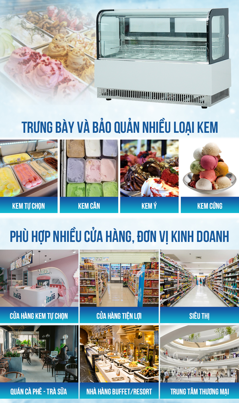 Tủ bảo quản kem F-QR540V phù hợp trưng bày và bảo quản nhiều loại kem Tủ bảo quản kem F-QR540V phù hợp trưng bày và bảo quản nhiều loại kem