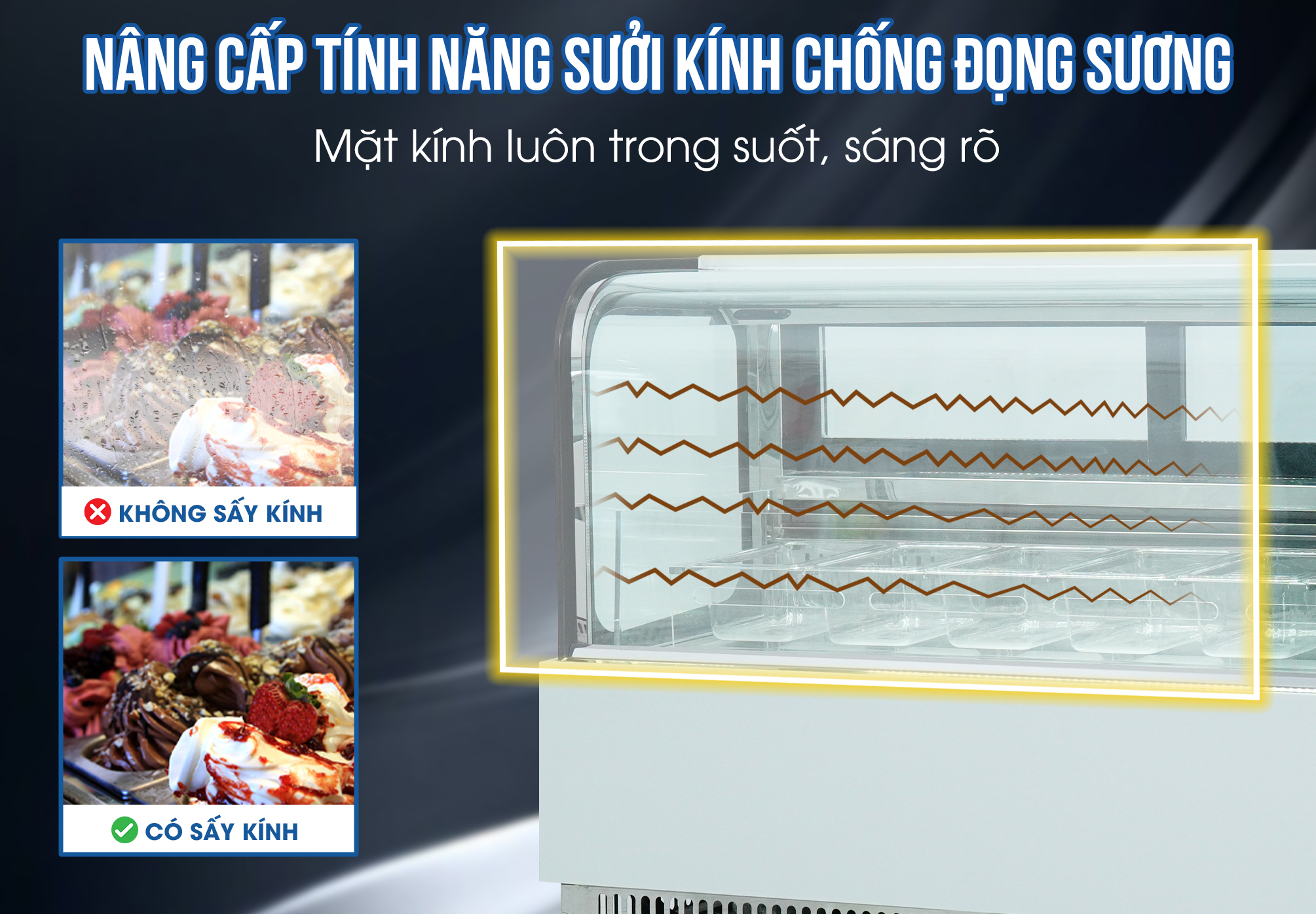 Tính năng sưởi kính chống đọng sương mặt trước tủ Tính năng sưởi kính chống đọng sương mặt trước tủ