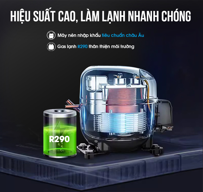Cấp đông nhanh và sâu nhờ công nghệ làm lạnh hiện đại với máy nén cao cấp 