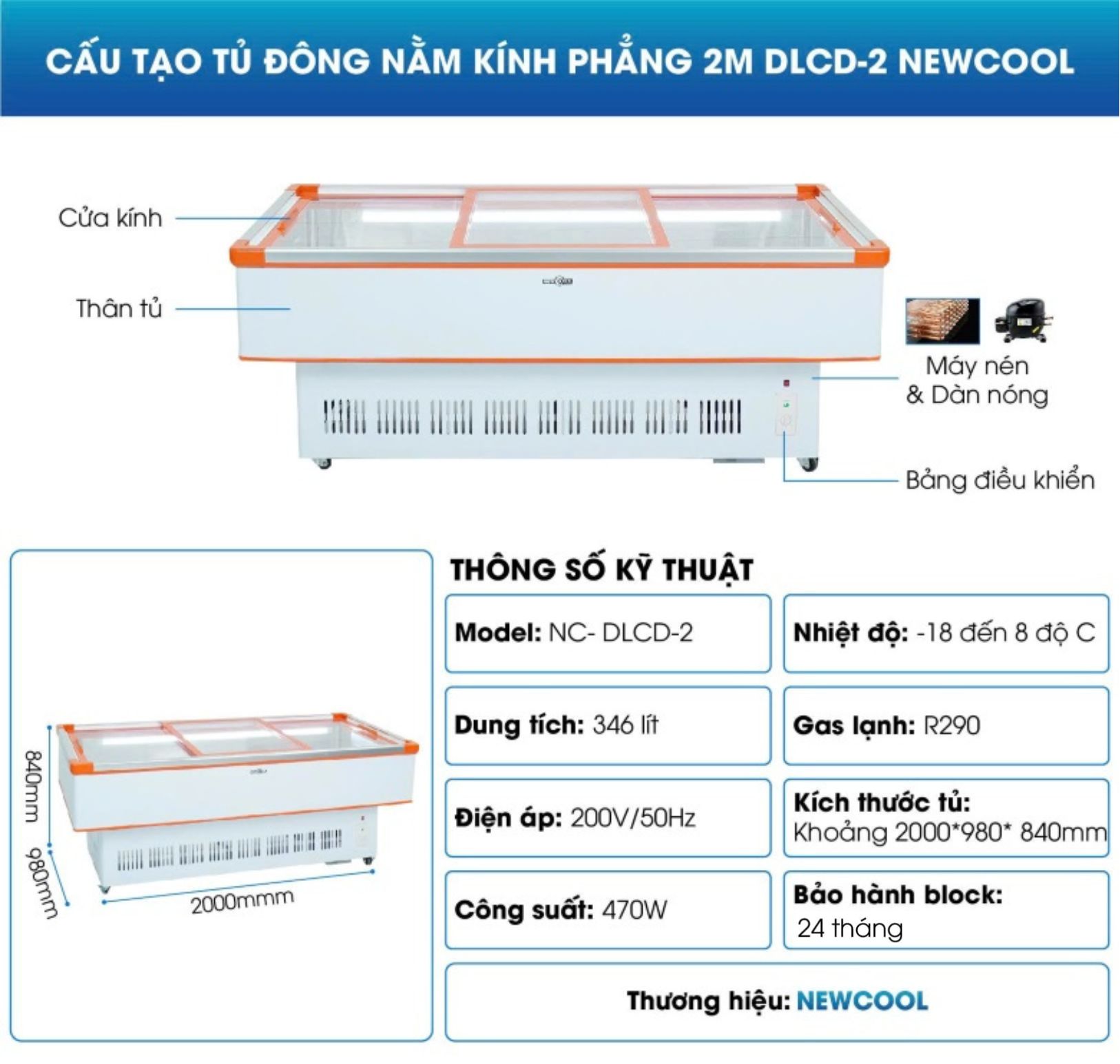 Cấu tạo tủ đông nằm kính phẳng 2m DLCD-2