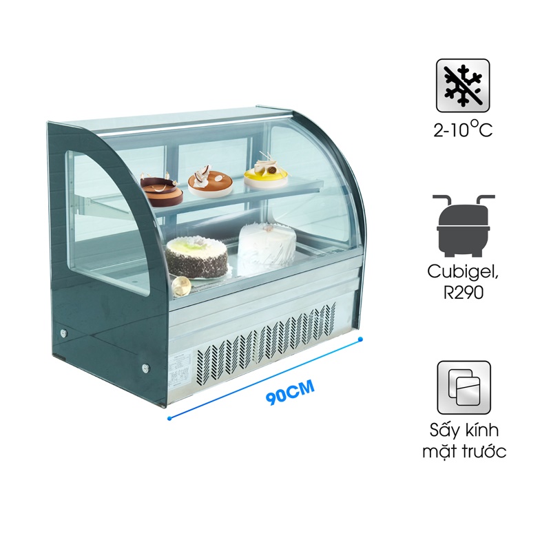 Tủ Trưng Bày Bánh Kem 2 Tầng 90cm Kính Cong Để Bàn DG-TY900