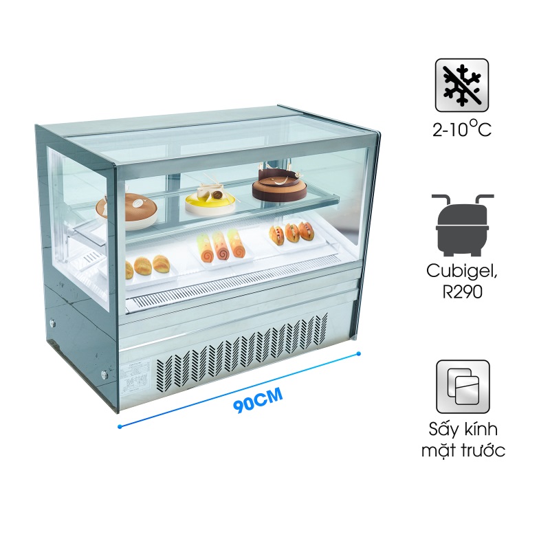 Tủ Trưng Bày Bánh Kem 2 Tầng 90cm Kính Vuông Để Bàn DG-TZ900