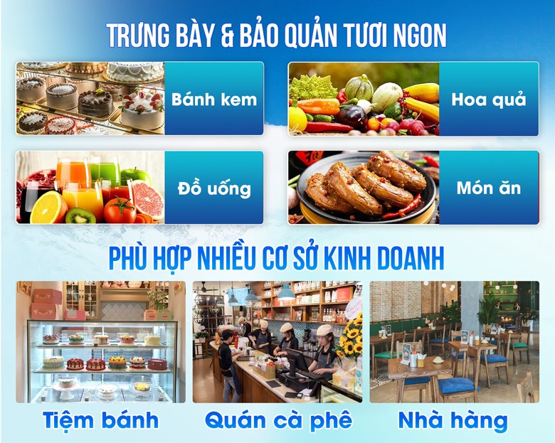 Trưng bày và bảo quản tươi ngon như các loại bánh kem, đồ uống, hoa quả, thực phẩm,… Trưng bày và bảo quản tươi ngon như các loại bánh kem, đồ uống, hoa quả, thực phẩm,…