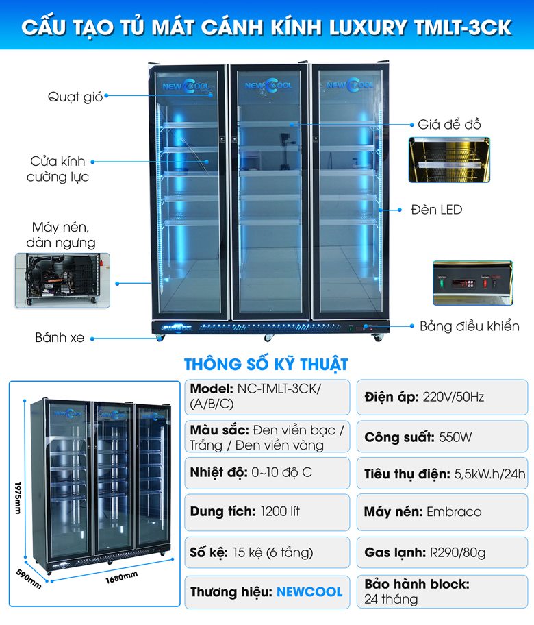 Cấu tạo tủ mát cánh kính Luxury TMLT-3CK Cấu tạo tủ mát cánh kính Luxury TMLT-3CK