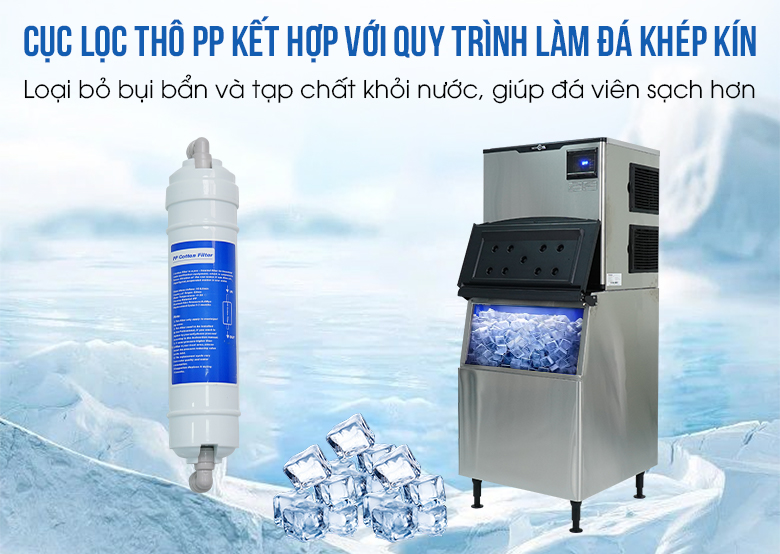 Trang bị cục lọc PP giúp lọc nước đầu vào, giúp đá viên sạch hơn Trang bị cục lọc PP giúp lọc nước đầu vào, giúp đá viên sạch hơn