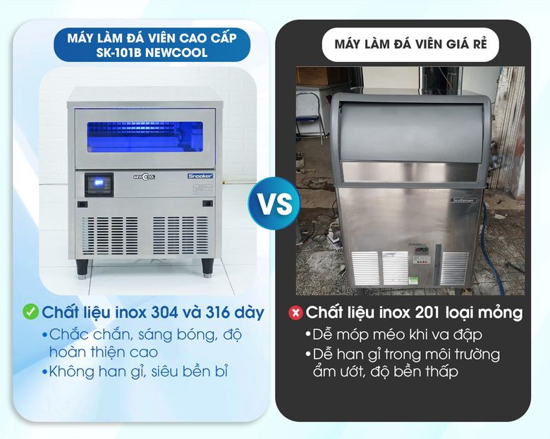 So sánh chất liệu của máy làm đá viên cao cấp với máy làm đá viên giá rẻ
