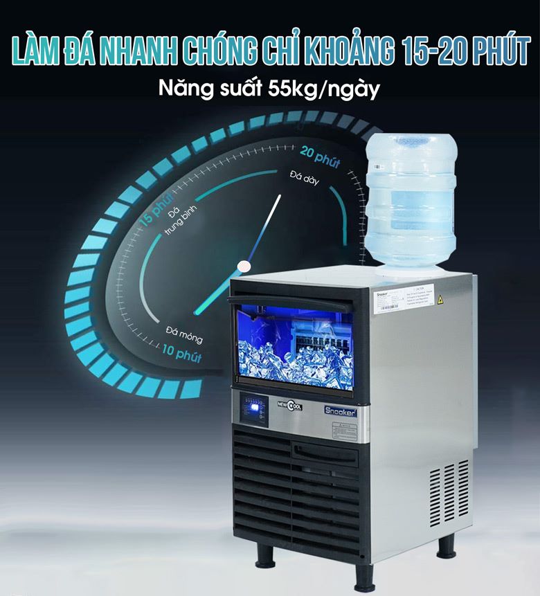 Làm đá nhanh chóng chỉ khoảng 15-20 phút cho năng suất lên tới 55kg/ngày
