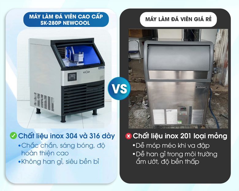 Máy làm đá viên cao cấp SK-280P NEWCOOL và máy làm đá viên giá rẻ 