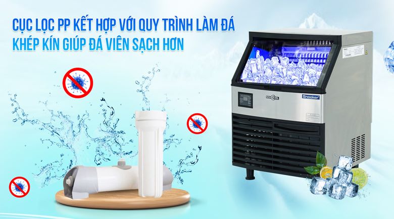Cục lọc PP kết hợp với quy trình làm đá khép kín cho ra chất lượng đá viên sạch tinh khiết 