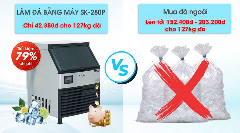Làm đá bằng máy làm đá SK-280P và mua đá bên ngoài