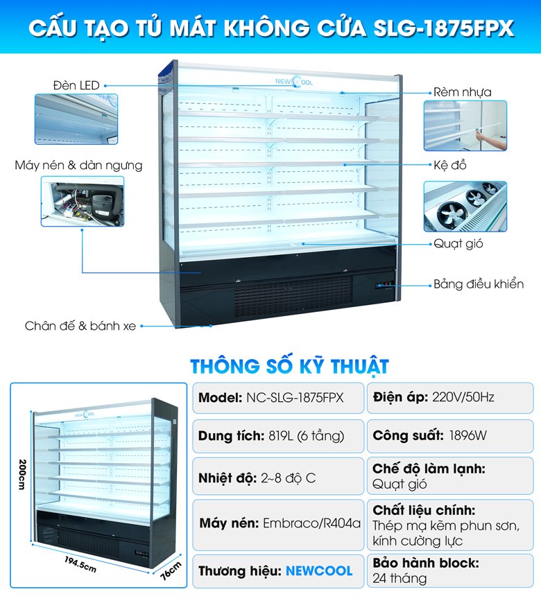 Cấu tạo tủ mát trưng bày siêu thị SLG-1875FPX Cấu tạo tủ mát trưng bày siêu thị SLG-1875FPX