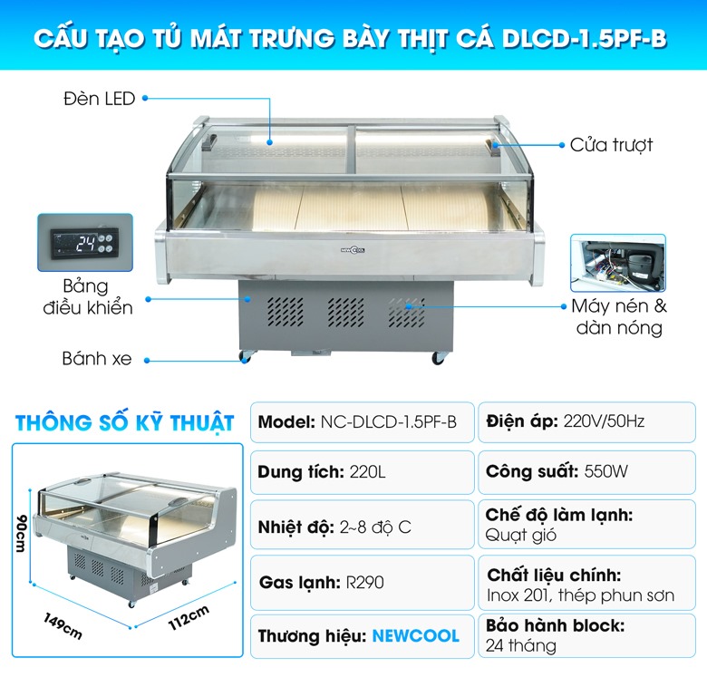 Cấu tạo tủ mát trưng bày thịt cá DLCD-1.5PF-B Cấu tạo tủ mát trưng bày thịt cá DLCD-1.5PF-B