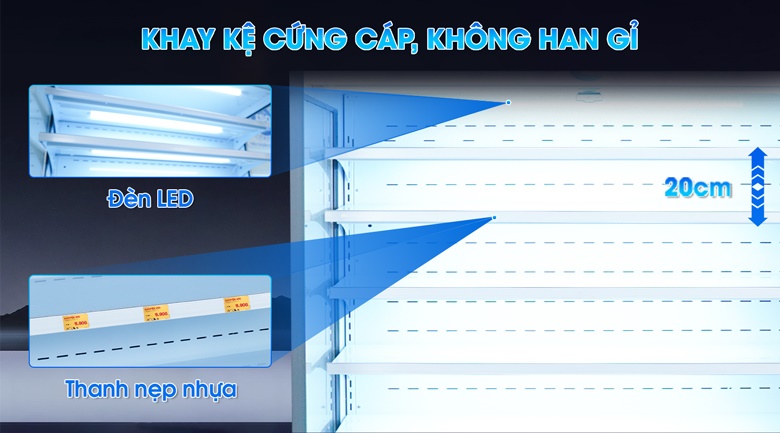 Hệ thống khay kệ cứng cáp, bố trí khoa học và có đèn LED chiếu sáng ở mỗi tầng khay Hệ thống khay kệ cứng cáp, bố trí khoa học và có đèn LED chiếu sáng ở mỗi tầng khay